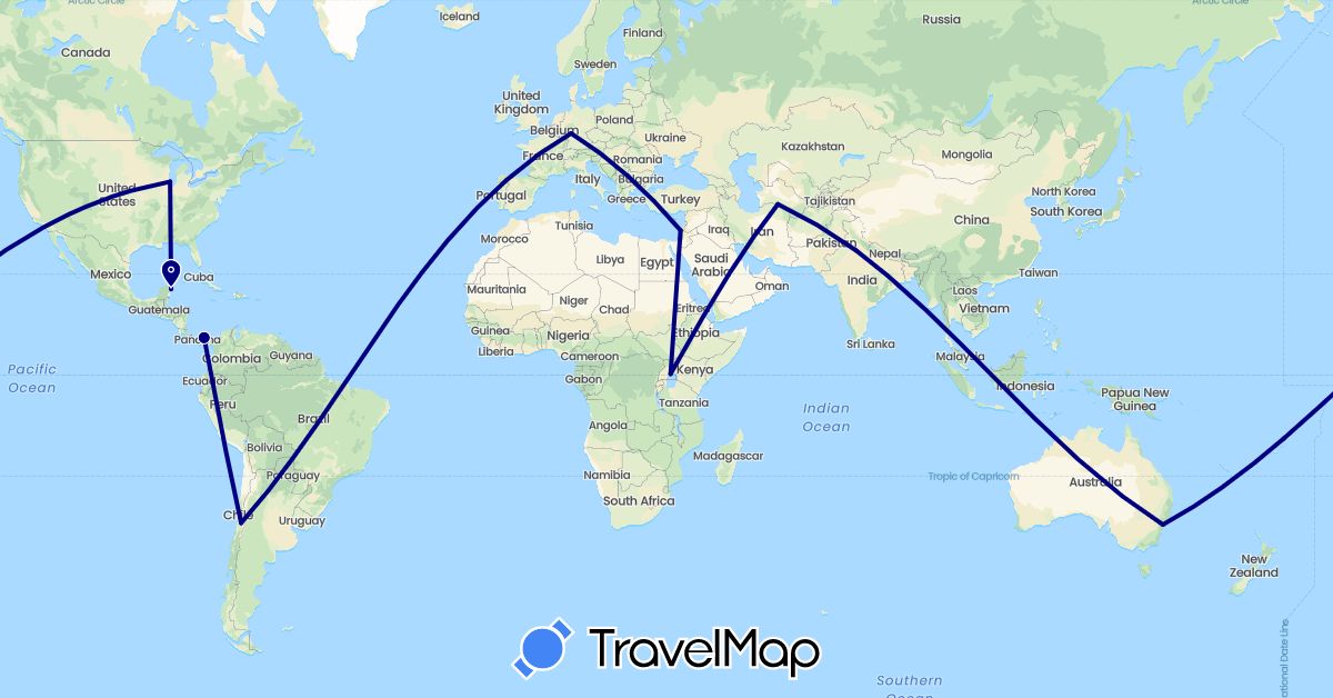 TravelMap itinerary: driving in Australia, Chile, Germany, Israel, India, Mexico, Panama, Turkmenistan, Uganda, United States (Africa, Asia, Europe, North America, Oceania, South America)